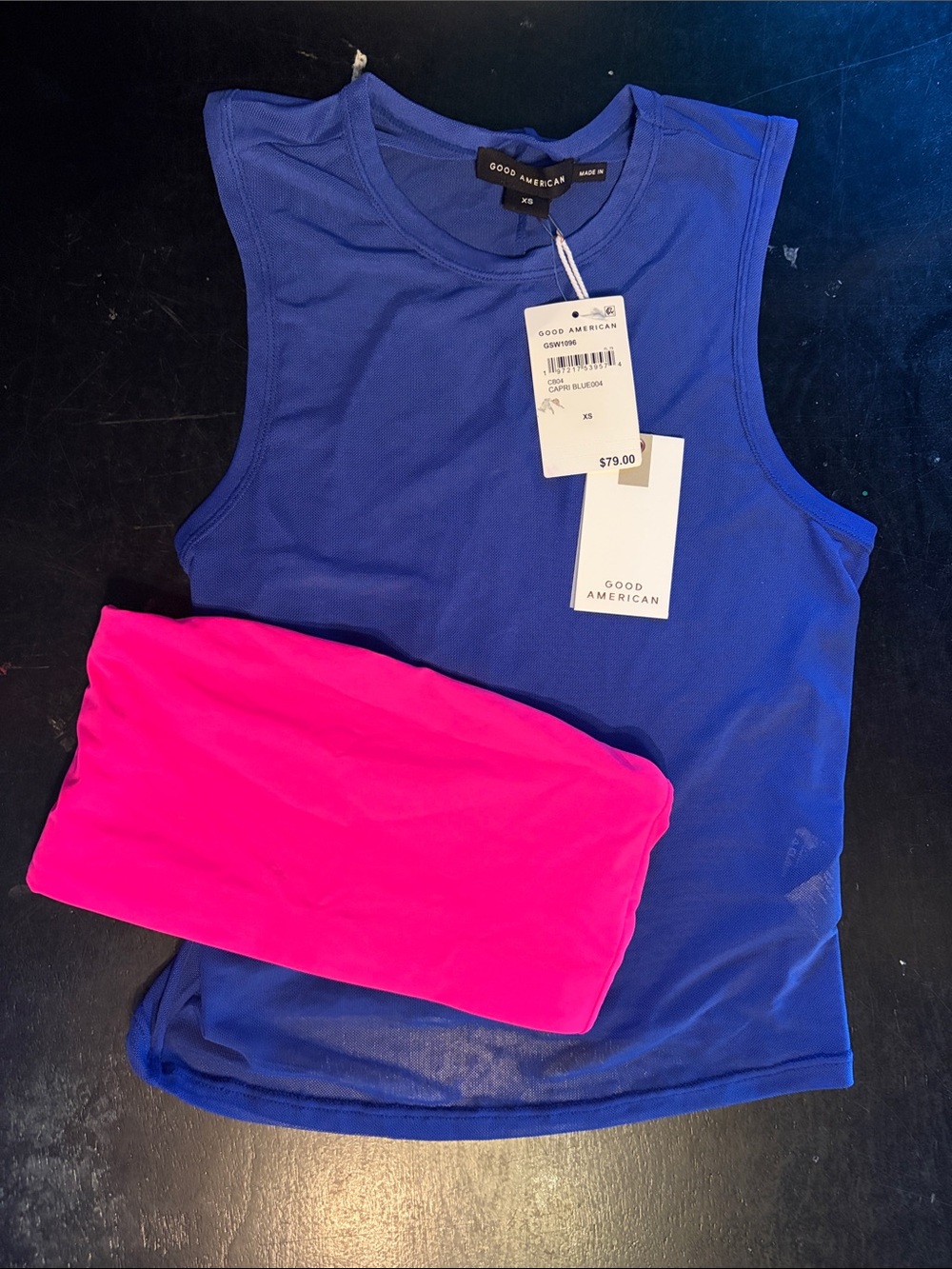 Good American Blue Muscle Tank with Hot Pink Layering Piece